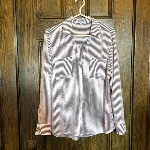 Express Portofino Button Down Dress Shirt - Black and White Stripe (Large)